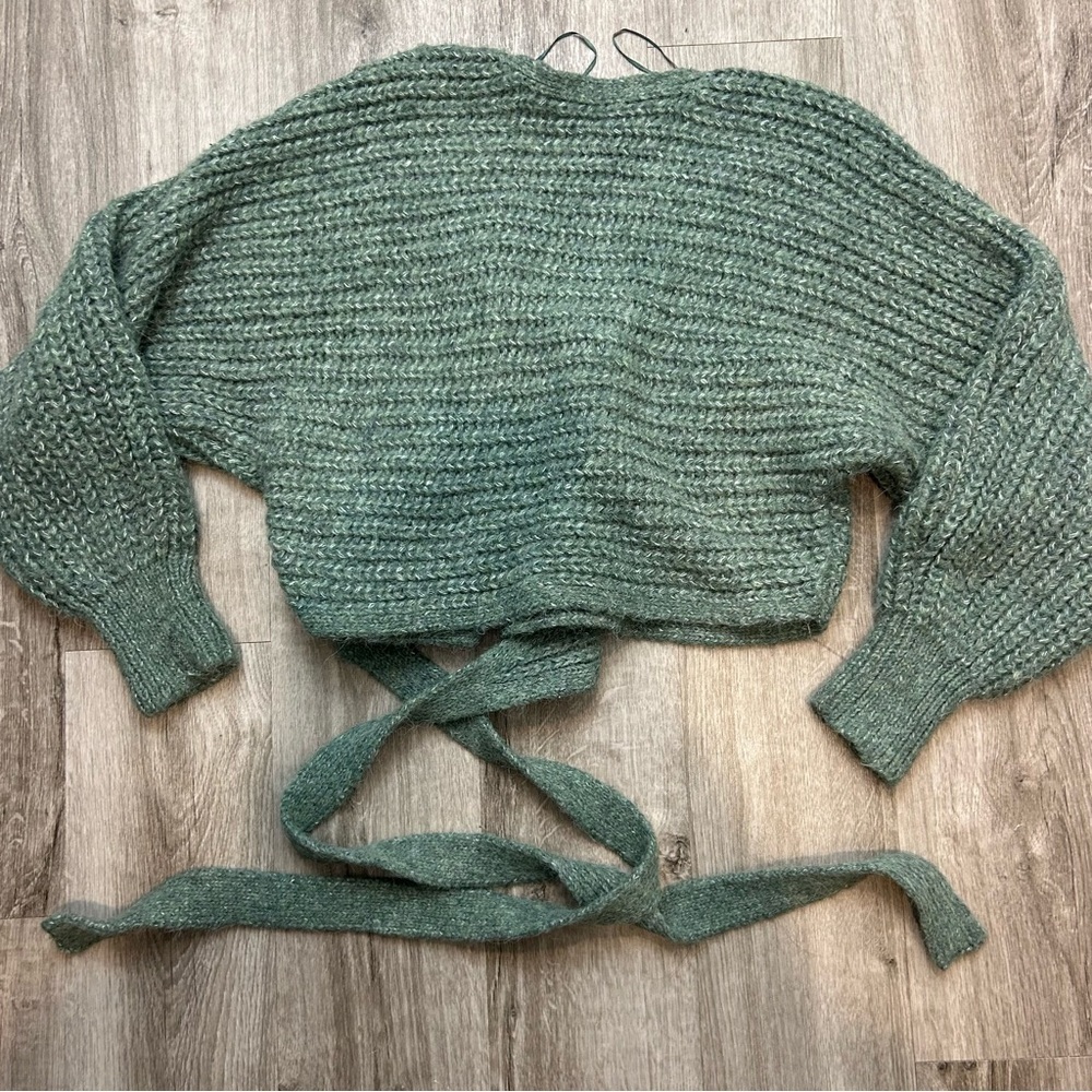 Zara Chunky Green Wrap Sweater Cropped Oversized Balloon Sleeve Cardigan Shawl - Picture 5 of 7